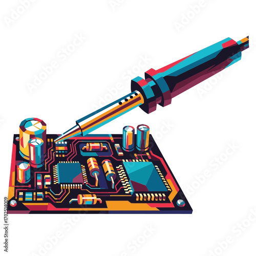 Soldering iron on circuit board with components engineering electronics repair technology.