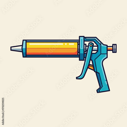 Cartoon illustration of a sealant gun with orange sealant on a cream background.