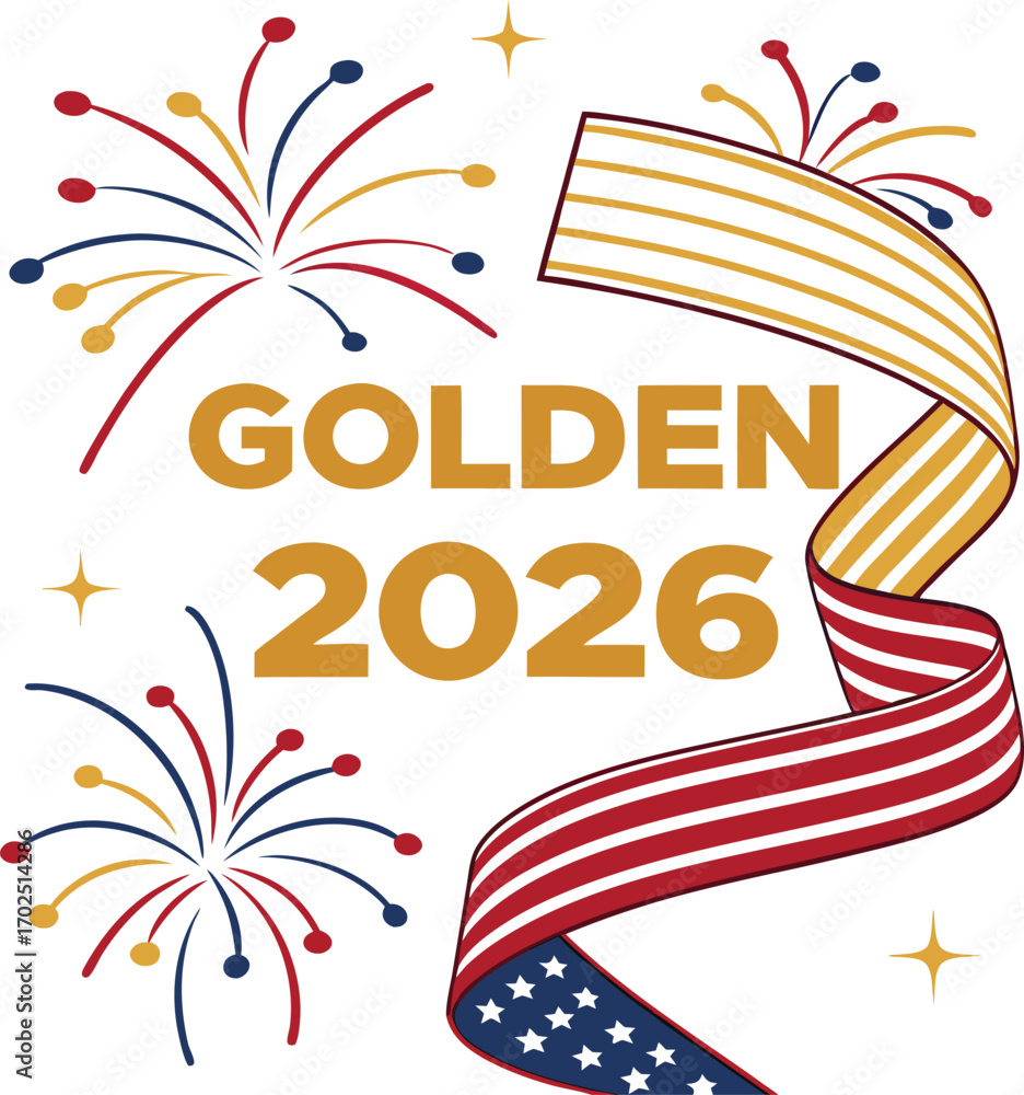 Fototapeta premium Golden 2026 text with usa flag ribbon wrapped around design