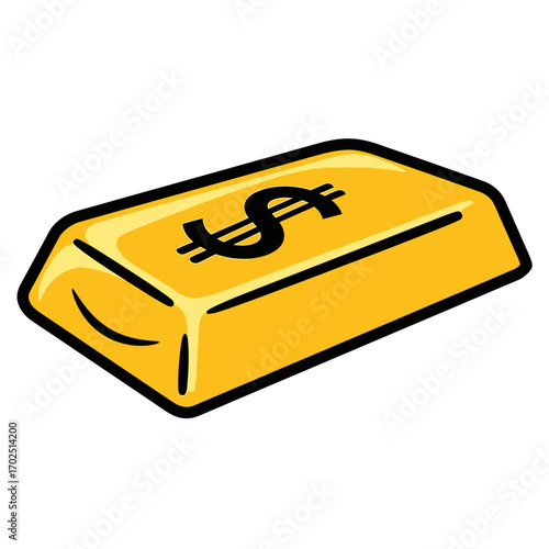 Cartoon gold bar with dollar sign on it isolated on white background.