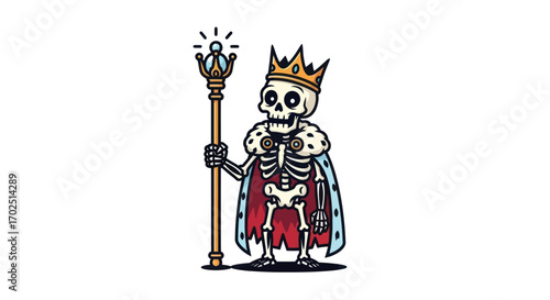 Cartoon Skeleton King with Crown Scepter and Cape.