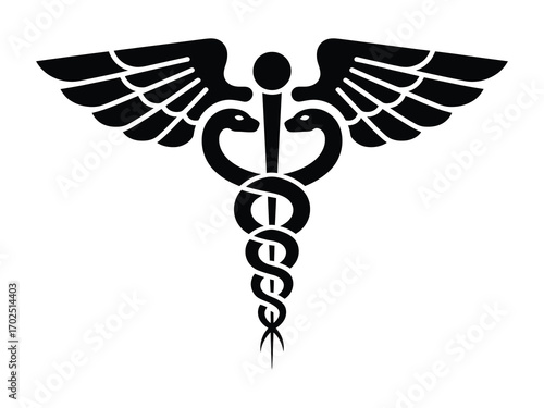 A clean black silhouette of the Caduceus medical symbol, featuring two snakes wrapped around a winged staff, isolated on a white background