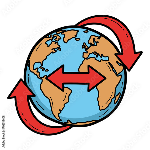 Earth globe with red arrows indicating global connection and circulation.
