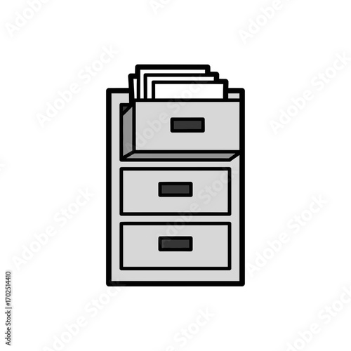 Filing cabinet with drawers and documents illustration in grayscale on white background.