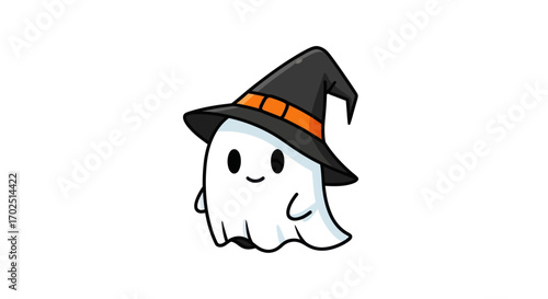 Cute Cartoon Ghost Wearing a Witch Hat for Halloween.