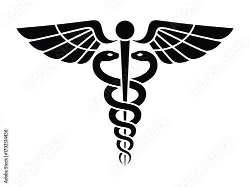 Simple black silhouette of the Caduceus medical symbol, a staff with two entwined snakes and wings, isolated on a white background vector illustration