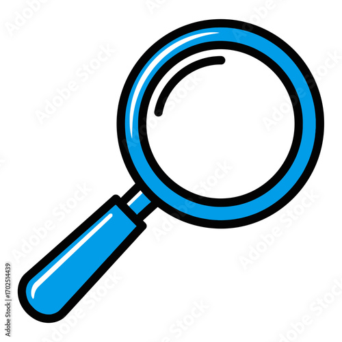 Blue magnifying glass illustration on a white background.