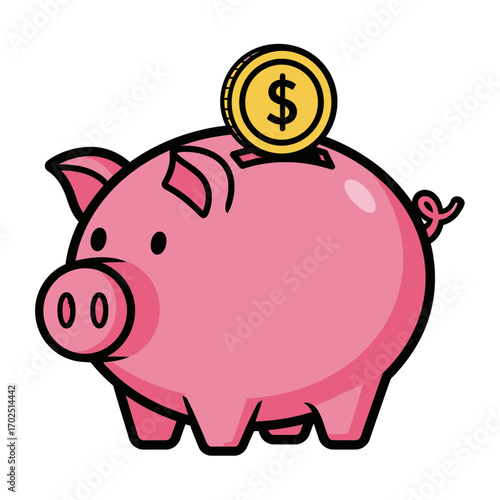 Pink piggy bank with a gold coin on top against a white background.