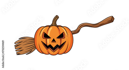 Spooky Jack-o-lantern pumpkin with a broomstick Halloween decoration.