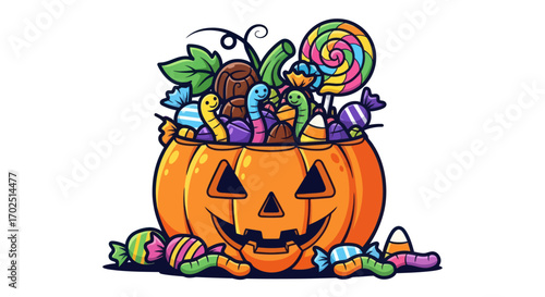 Cartoon Jack-o-lantern pumpkin bucket overflowing with colorful Halloween candy and sweets.