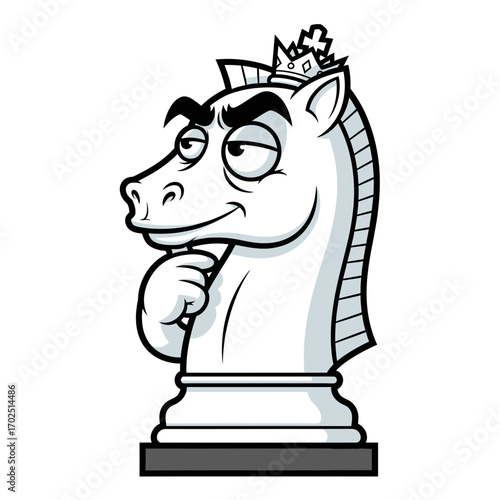 Cartoon chess knight piece with a thoughtful expression on a white background.