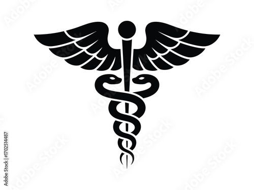 Elegant vector illustration of the classic Caduceus symbol, featuring a winged staff with two intertwining serpents, widely recognized as an emblem of medicine, healthcare, and pharmacy