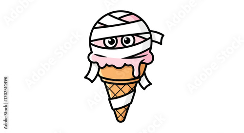 Spooky Mummy Ice Cream Cone with Pink Strawberry Flavor.