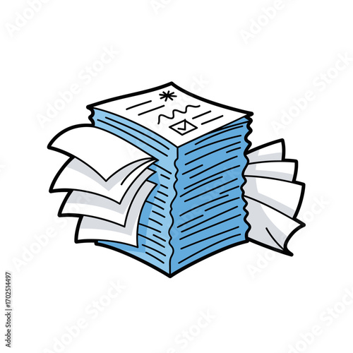 Cartoon illustration of a large stack of papers with blue edges on white.