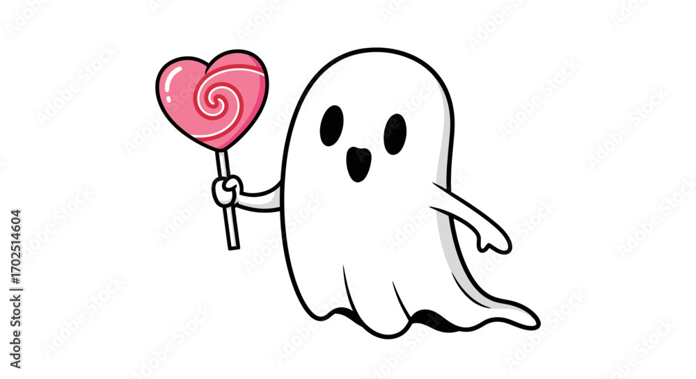 Fototapeta premium A cute cartoon ghost character holding a pink heart-shaped lollipop.
