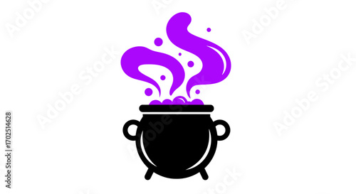 Stylized Black Cauldron with Purple Magic Smoke and Bubbles.