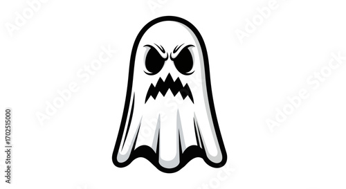 Angry White Ghost Cartoon Illustration with Black Outline and Fangs.
