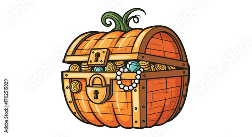 Whimsical Pumpkin Treasure Chest Overflowing with Jewels and Coins.