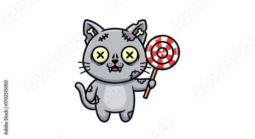 Cute cartoon zombie cat with X eyes holding a red and white lollipop.