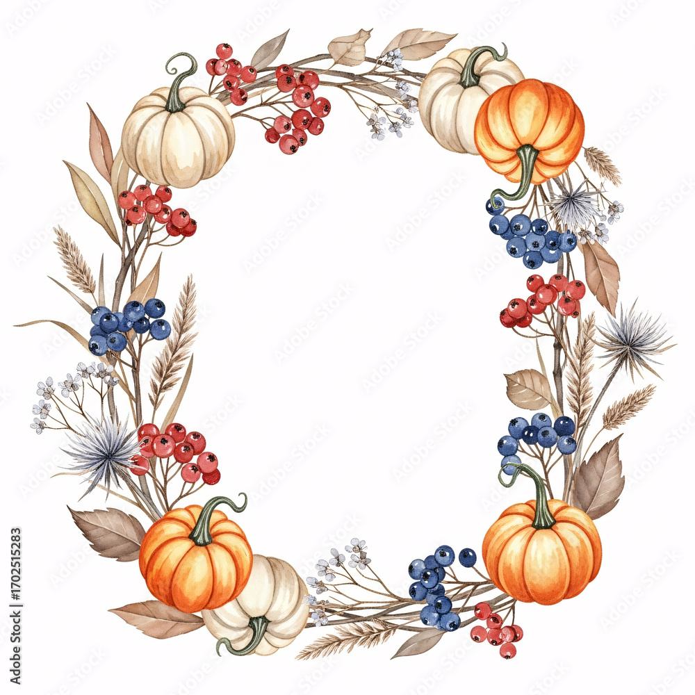 Fototapeta premium Autumn harvest wreath with pumpkins, berries, and dried flowers, isolated on white background