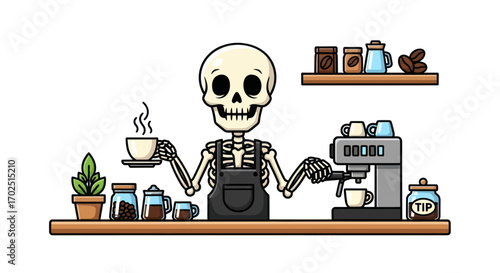 Cartoon Skeleton Barista Serving Steaming Coffee at a Cafe Counter.