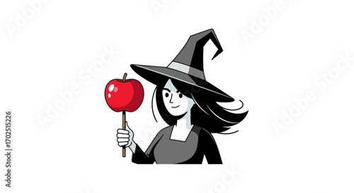 Cartoon Witch Holding a Red Poison Apple on a Stick.