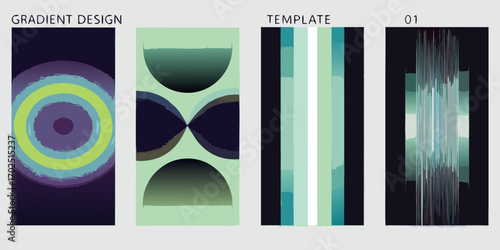 Abstract gradient designs and templates with geometric shapes and vertical stripes