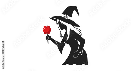 Silhouette of a Witch Holding a Poisoned Red Apple.