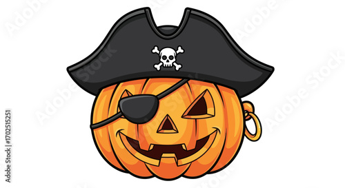 Cartoon Pirate Jack-o-Lantern with Eye Patch and Hat.