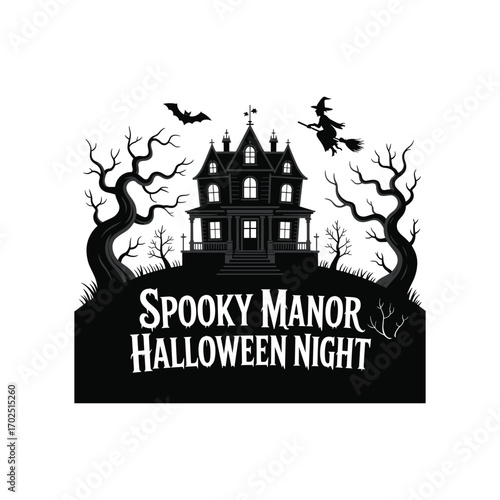 Spooky Haunted Manor with Witch and Bats on Halloween Night