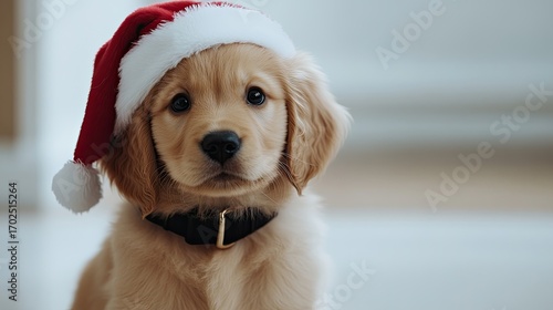 Adorable golden retriever puppy wearing a festive christmas hat.