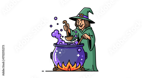 Cartoon Witch Cooking in a Large Cauldron.