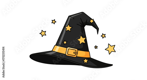 Black Witch Hat with Gold Stars and Buckle.