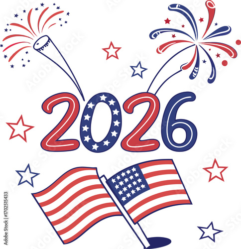 Stylized 2026 year typography decorated with american flag elements
