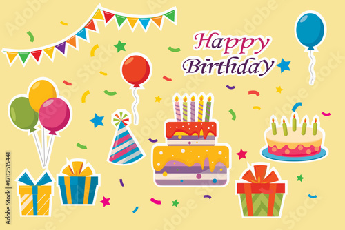 festive birthday stickers balloons, birthday cakes, candles, gift boxes, confetti, party hats, Happy Birthday inscription!