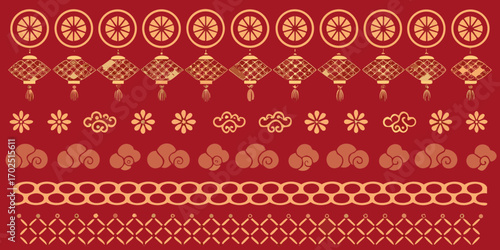 Traditional chinese decorative elements including lanterns flowers clouds and geometric patterns on a red background
