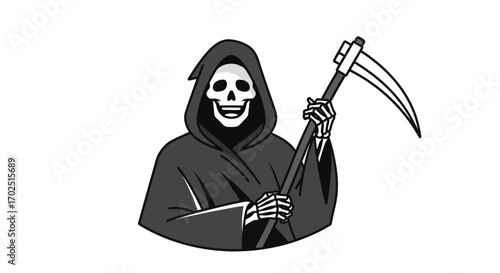 Grim Reaper with Scythe a skeletal figure in a dark hooded robe.