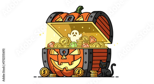 Spooky Halloween Jack-o-lantern Treasure Chest Filled with Gold Coins and a Ghost.