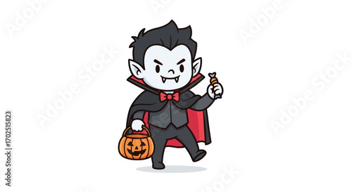 Cute cartoon vampire character holding a pumpkin basket and a small bottle for Halloween.
