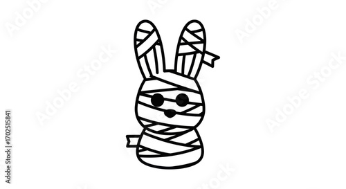 A cute cartoon mummy rabbit wrapped in bandages a simple black and white line art illustration for Halloween.