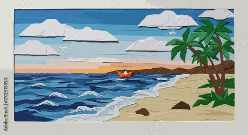 Origami beach landscape with a single boat serenely sailing on the ocean against a sunset sky