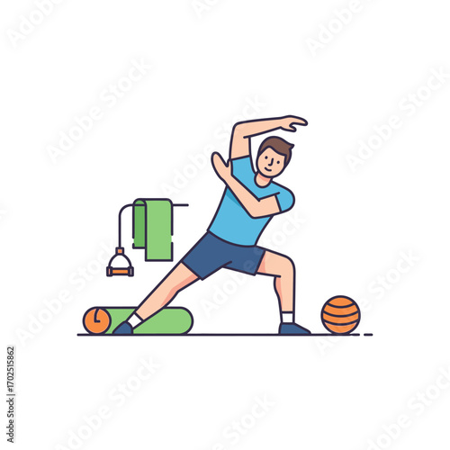 Man stretching in a gym, with exercise equipment around him.