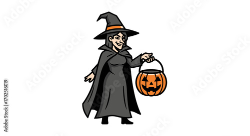 Spooky Cartoon Witch with Pumpkin Trick-or-Treat Bucket.