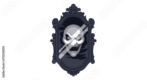 Ornate gothic mirror with a crossed-out reflection of a menacing skull icon.
