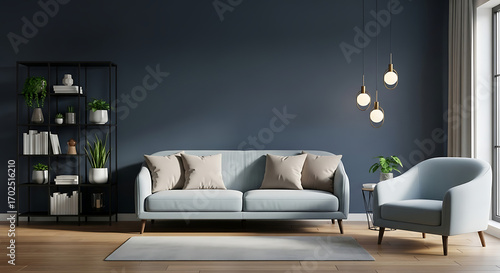 Interior of a modern living room with a comfortable sofa, armchair, and stylish decor against a dark blue wall, creating a cozy and inviting atmosphere for relaxation and socializing
