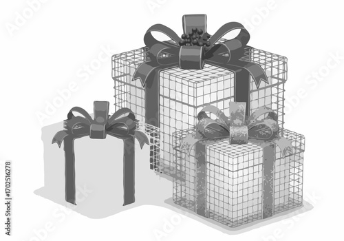 Stacked elegant gift boxes with bows in a monochrome style for celebration with copy space