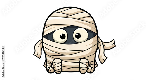 Cute Cartoon Mummy Character with Big Eyes Wrapped in Bandages.