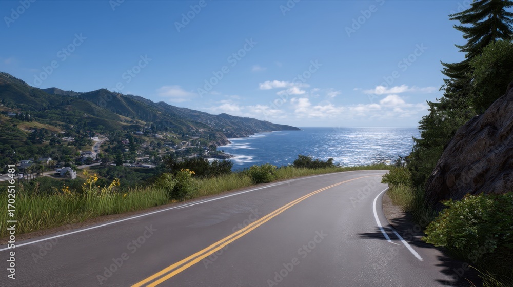 Fototapeta premium Scenic Road Near Ocean with Lush Green Cliffs and Bright Blue Sky in Daylight