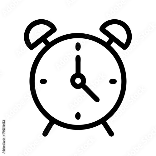 Minimalist black outline alarm clock icon with twin bells two legs and clear time display.