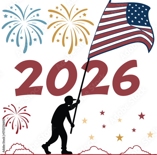 Waving american flag with glowing 2026 numbers for a patriotic celebration